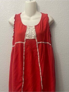 Red Rust Crochet Lace Trim Sleeveless Boho Tunic Top